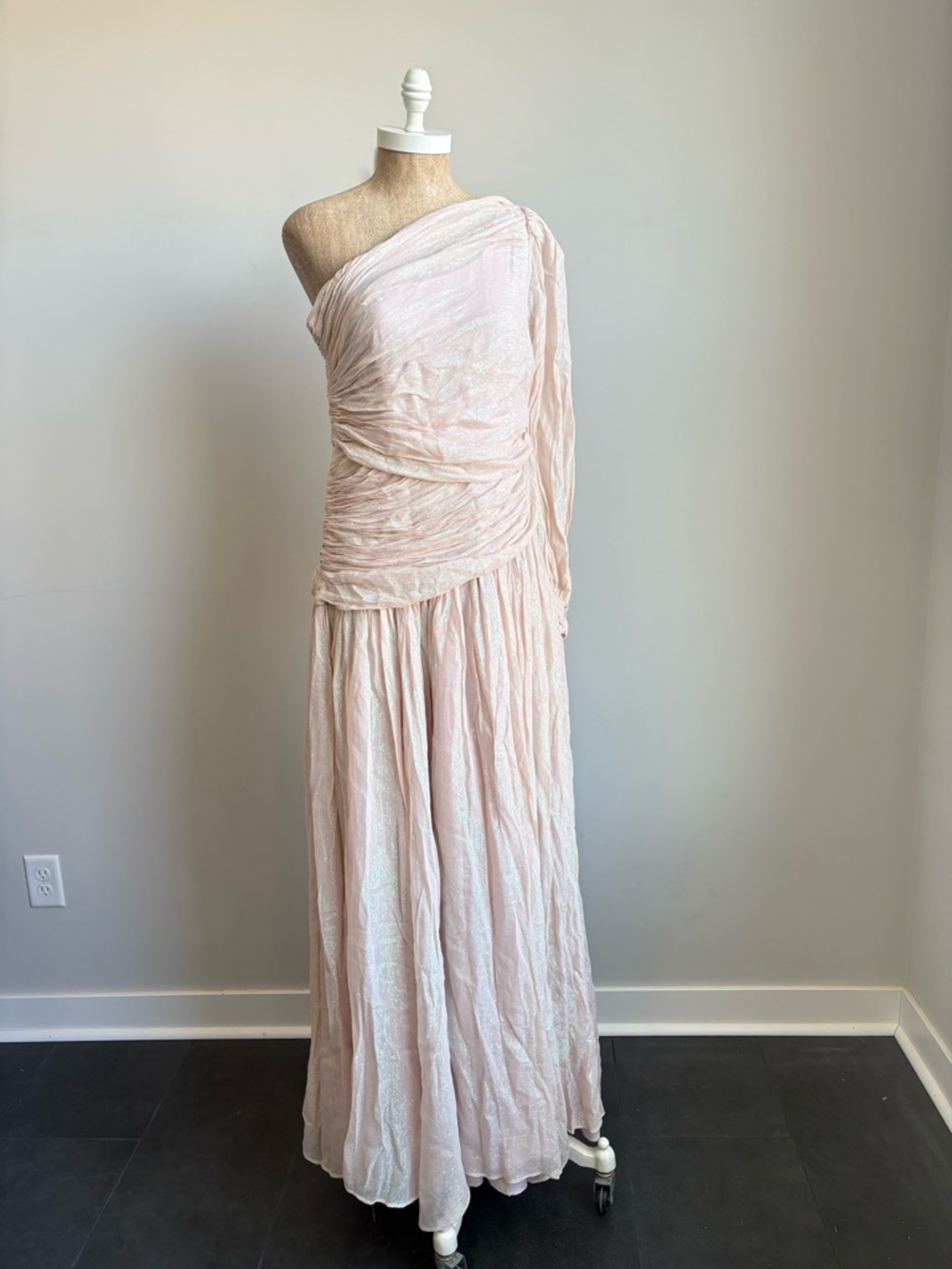 BHLDN Jade Metallic One-Shoulder Asymmetrical-Waist Gown Size 10 - Picture 9 of 12